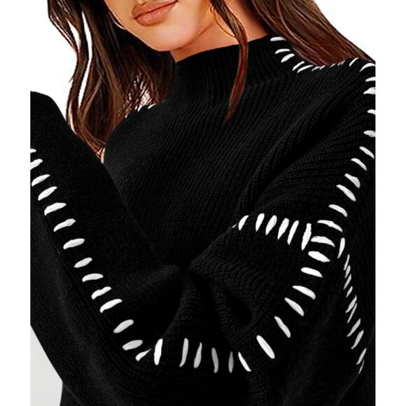Prettygarden Women's Black Fall Long Sleeve Mock Neck Oversized Chunky Sweaters - Picture 5 of 7
